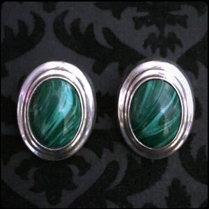 Taxco Malachite Swirl Chunky Clip-on Sterling Silver earrings